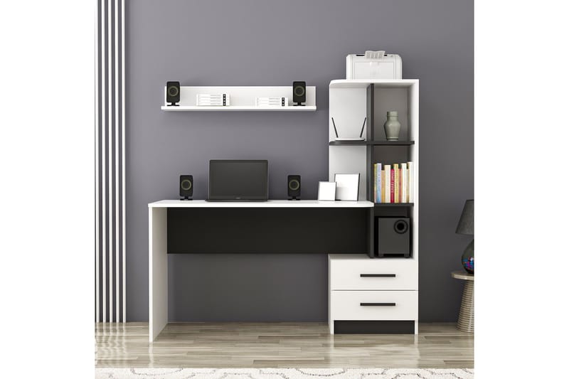 Puijas Skrivbord 120 cm med Förvaring Låda + Hyllor + Vägghy, Vit/Svart