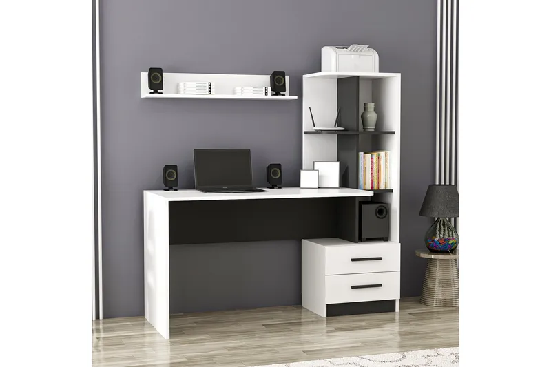 Puijas Skrivbord 120 cm med Förvaring Låda + Hyllor + Vägghy - Vit/Svart - Möbler - Hemmakontor - Skrivbord