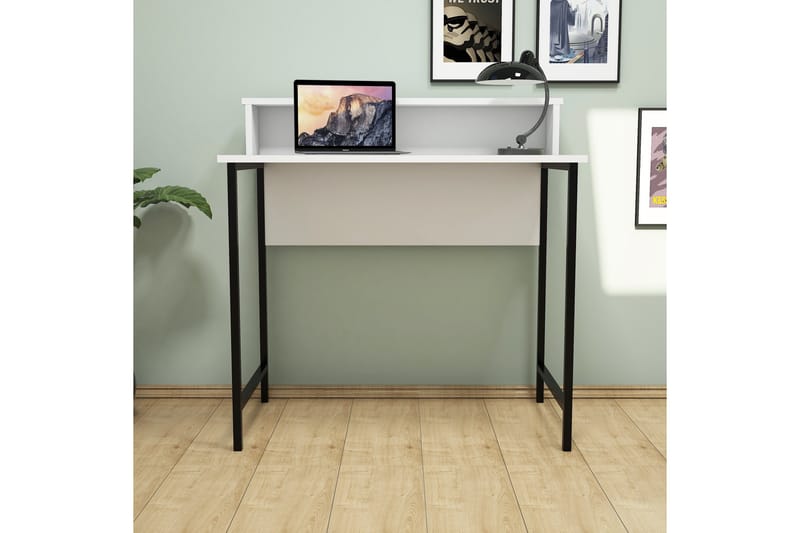 REFUGIA Skrivbord 90 cm med Förvaring Hylla Vit/Svart - Vit/Svart - Möbler - Hemmakontor - Skrivbord