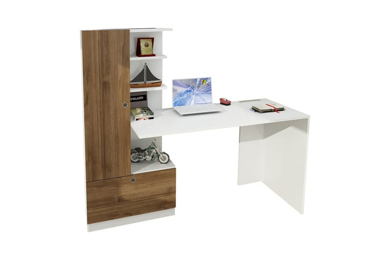RHEBA Skrivbord 120cm Förvaring Hyllor+Låda+Skåp Vit/Valnöts - Vit/Valnöt - Skrivbord - Bord