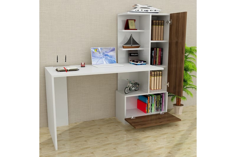 RHEBA Skrivbord 150cm Förvaring Hyllor+Låda+Skåp Vit/Valnöts - Vit/Valnöt - Skrivbord - Bord