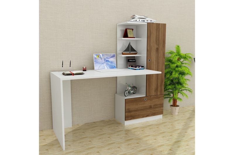 RHEBA Skrivbord 150cm Förvaring Hyllor+Låda+Skåp Vit/Valnöts - Vit/Valnöt - Skrivbord - Bord