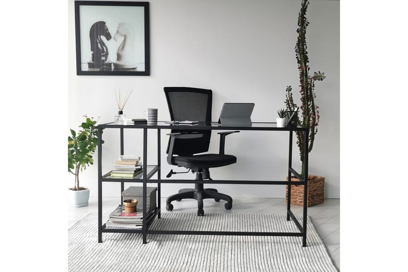 Sabani Skrivbord 130 cm med Förvaring 2 Hyllor - Glas/Rökfärgad/Svart - Möbler - Hemmakontor - Skrivbord