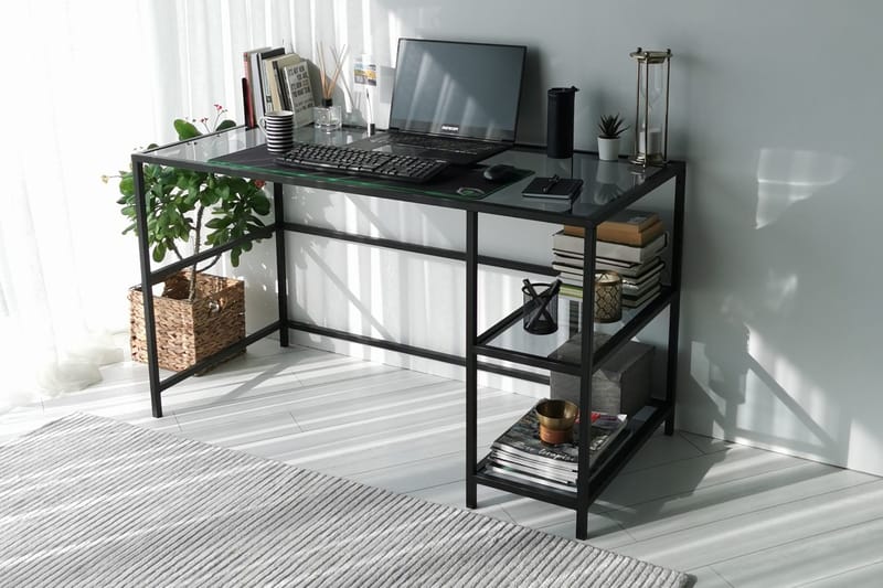 Sabani Skrivbord 130 cm med Förvaring 2 Hyllor - Glas/Rökfärgad/Svart - Möbler - Hemmakontor - Skrivbord