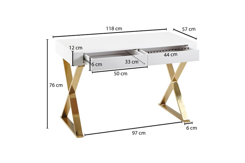 SENECA Skrivbord 118 cm med Förvaring 2 Lådor Vit/Guld - Skrivbord - Bord