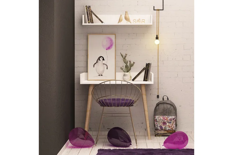 Skaberg Skrivbord 90 cm med Förvaring Vägghylla - Vit/Natur - Möbler - Hemmakontor - Skrivbord