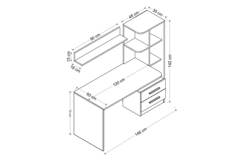TIRULI Skrivbord 120 cm Förvaring Låda+Hyllor+Vägghylla Vit/ - Skrivbord - Bord