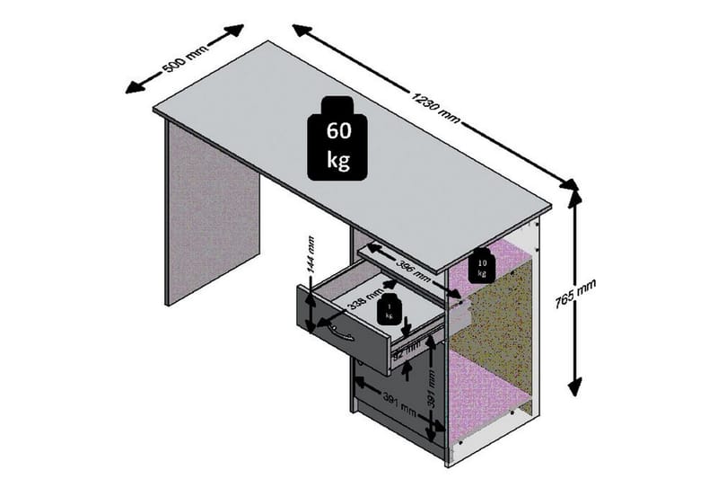 VANORA Skrivbord 123 cm m Förvaring Låda+Skåp+Hylla Betonggr - Skrivbord - Bord