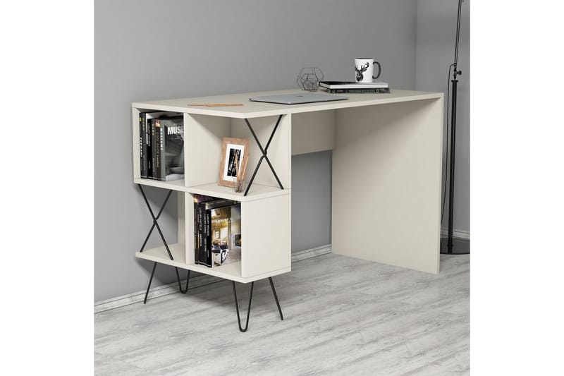 VARRED Skrivbord 120 cm med Förvaring Hylla Krämvit/Svart - Beige - Möbler - Hemmakontor - Skrivbord
