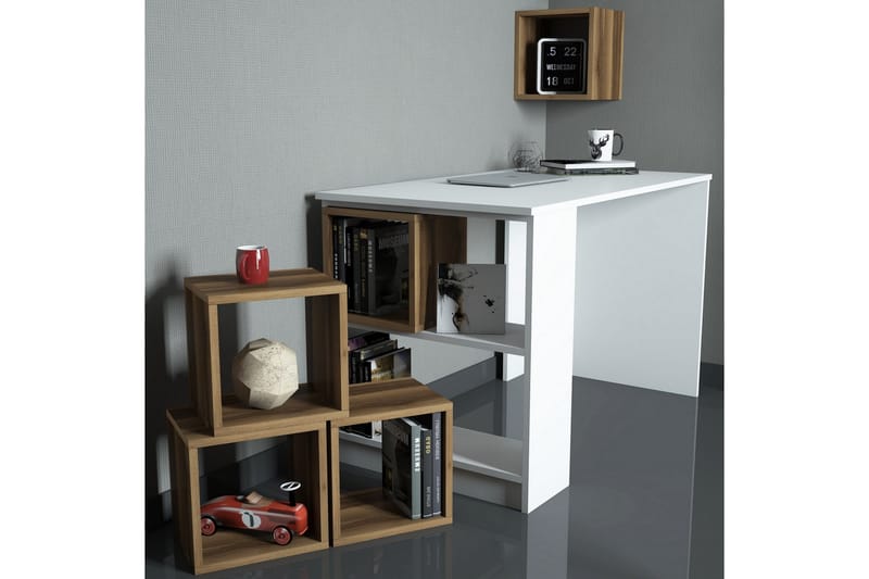 VARRED Skrivbord 120 cm med Förvaring + Vägghylla + Vit/Brun - Vit/Brun - Skrivbord - Bord