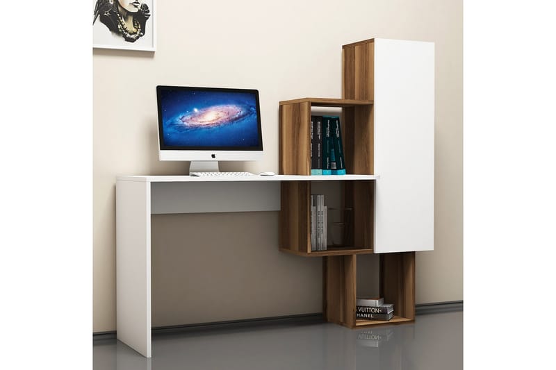VARRED Skrivbord 145 cm med Förvaring Hyllor + Skåp Brun/Vit - Möbler - Hemmakontor - Skrivbord