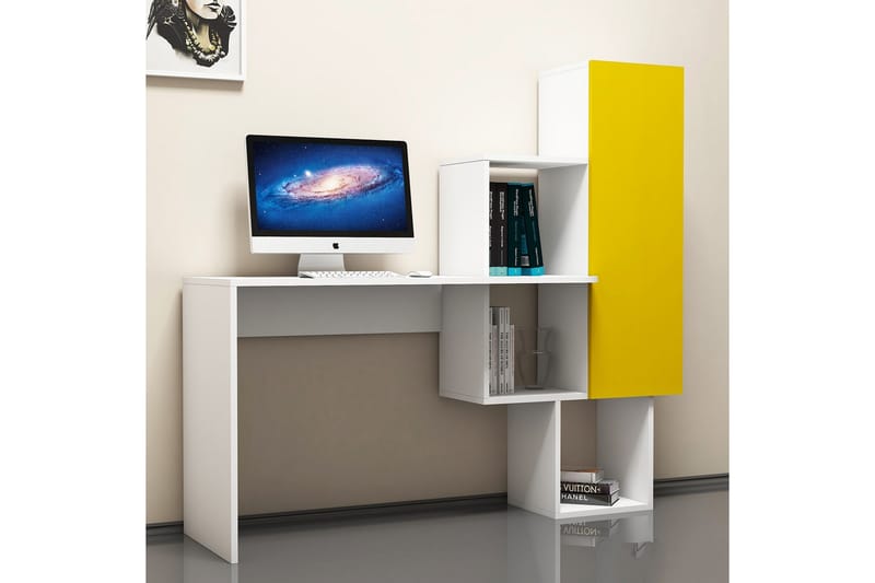 VARRED Skrivbord 145 cm med Förvaring Hyllor + Skåp Vit/Gul - Bord - Skrivbord