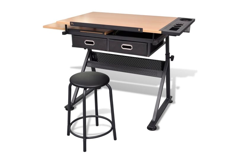 Vinklingsbart ritbord med 2 lådor och 1 pall - Brun - Möbler - Hemmakontor - Skrivbord