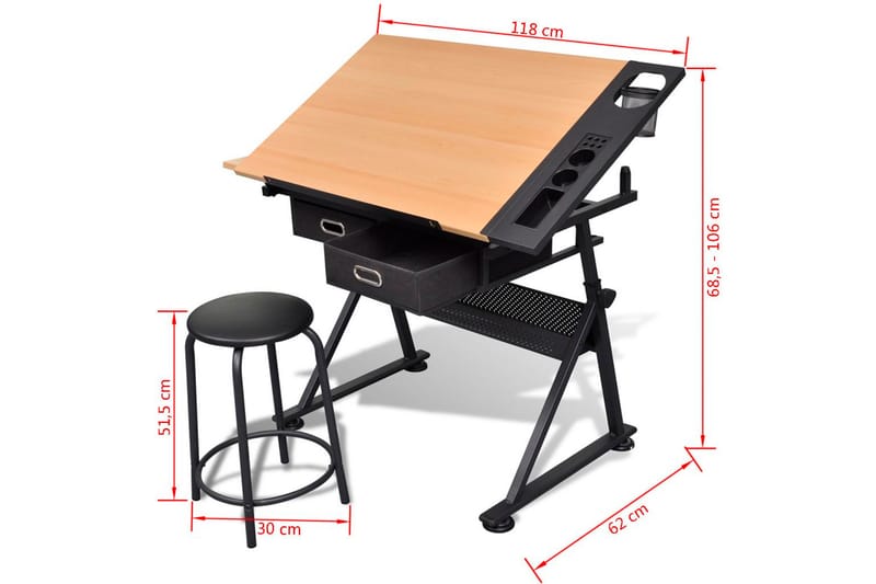 Vinklingsbart ritbord med 2 lådor och 1 pall - Brun - Möbler - Hemmakontor - Skrivbord