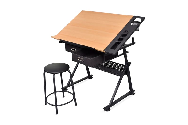 Vinklingsbart ritbord med 2 lådor och 1 pall - Brun - Möbler - Hemmakontor - Skrivbord