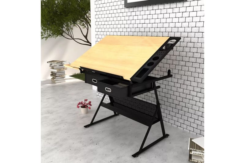 Vinklingsbart ritbord med 2 lådor och 1 pall - Brun - Möbler - Hemmakontor - Skrivbord