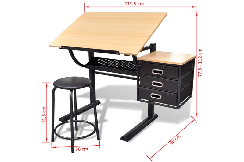 Vinklingsbart ritbord med 3 lådor och 1 pall - Brun - Möbler - Hemmakontor - Skrivbord