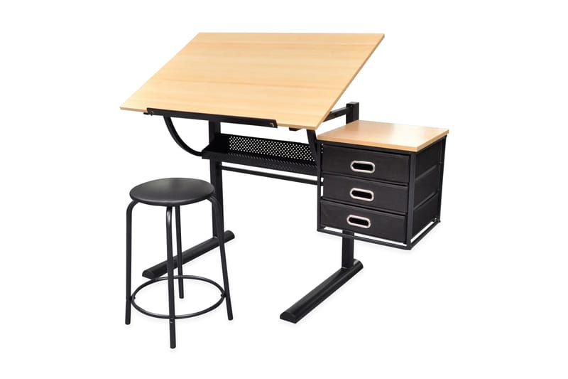 Vinklingsbart ritbord med 3 lådor och 1 pall - Brun - Bord - Skrivbord