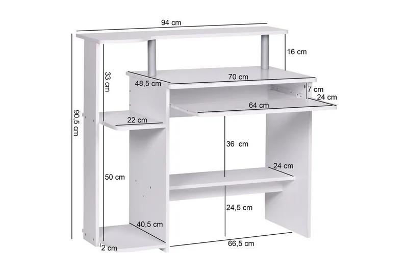 Skrivbord Wohnling för dator med hjul, tangentbord utdragbar, modern stil Vit - Vit - Möbler - Hemmakontor - Skrivbord