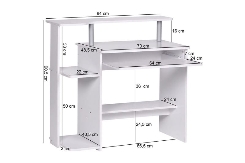 Skrivbord Wohnling för dator med hjul, tangentbord utdragbar, modern stil Vit - Vit - Möbler - Hemmakontor - Skrivbord