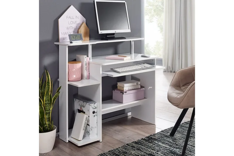 Skrivbord Wohnling för dator med hjul, tangentbord utdragbar, modern stil Vit - Vit - Möbler - Hemmakontor - Skrivbord
