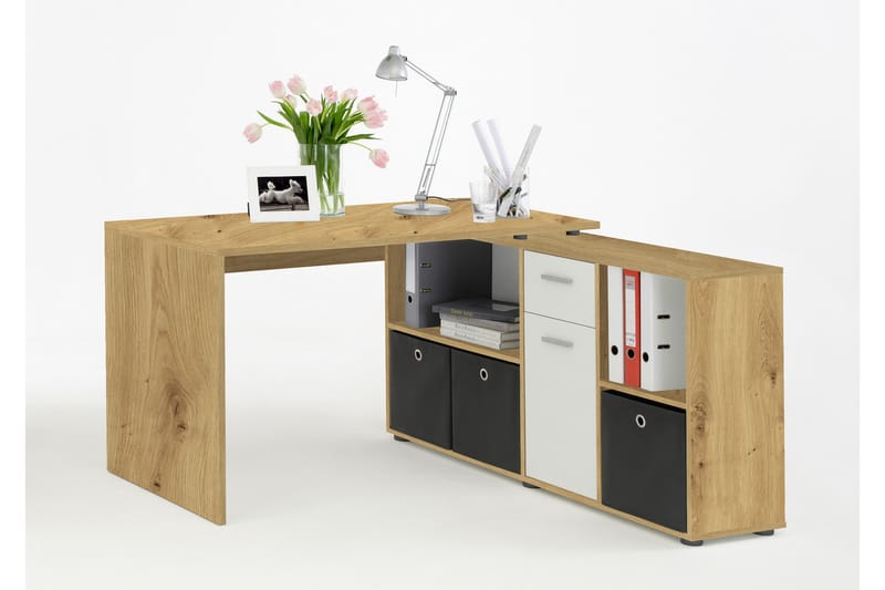 ZAKRY Hörnskrivbord 136 cm Svängd med Förvaring Brun/Vit - Möbler - Hemmakontor - Skrivbord