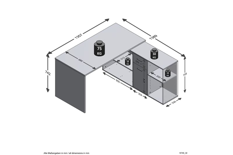ZAKRY Hörnskrivbord 136 cm Svängd med Förvaring Brun/Vit - Möbler - Hemmakontor - Skrivbord