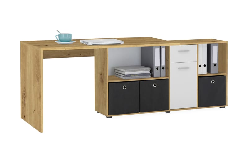 ZAKRY Hörnskrivbord 136 cm Svängd med Förvaring Brun/Vit - Möbler - Hemmakontor - Skrivbord