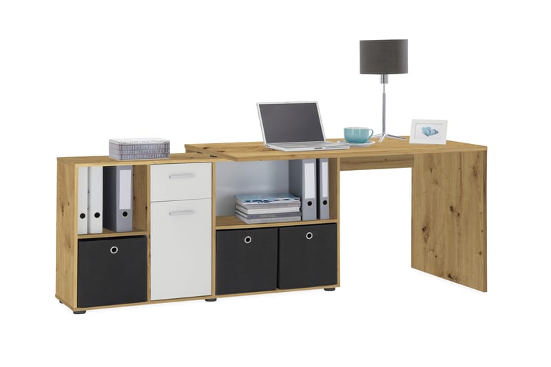 ZAKRY Hörnskrivbord 136 cm Svängd med Förvaring Brun/Vit - Möbler - Hemmakontor - Skrivbord