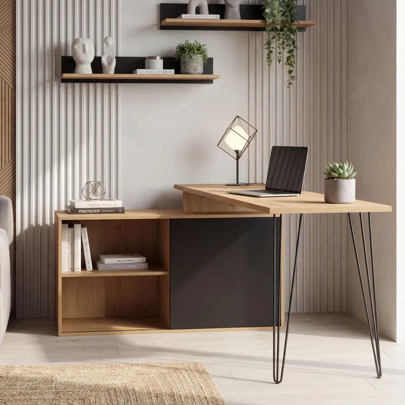 Vorlen Hörnskrivbord 130 cm i MDF med hylla - ekdekor svart - Möbler - Hemmakontor - Skrivbord