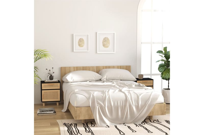 beBasic Sängbord 2 st svart massiv furu och naturlig rotting - Sängbord - Bord