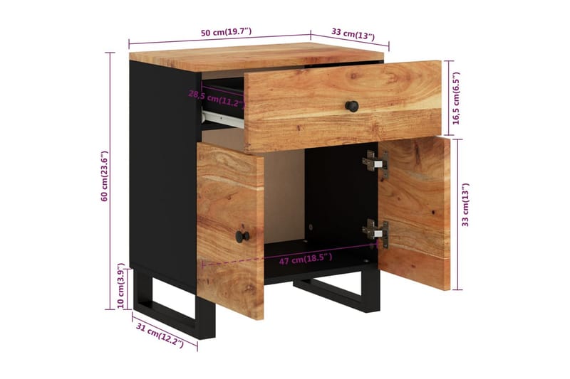 beBasic Sängbord 50x33x60 cm massivt akaciaträ och konstruerat trä - Sängbord - Bord