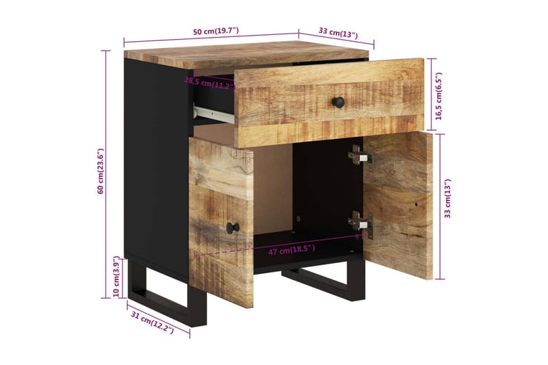 beBasic Sängbord 50x33x60 cm massivt mangoträ och konstruerat trä - Möbler - Sovrum - Sängbord