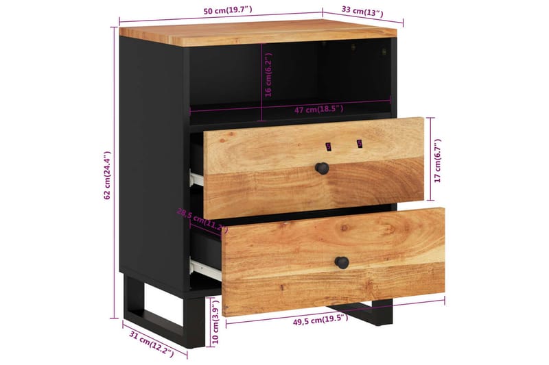 beBasic Sängbord 50x33x62 cm massivt akaciaträ och konstruerat trä - Möbler - Sovrum - Sängbord