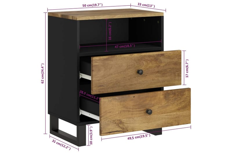 beBasic Sängbord 50x33x62 cm massivt mangoträ och konstruerat trä - Möbler - Sovrum - Sängbord
