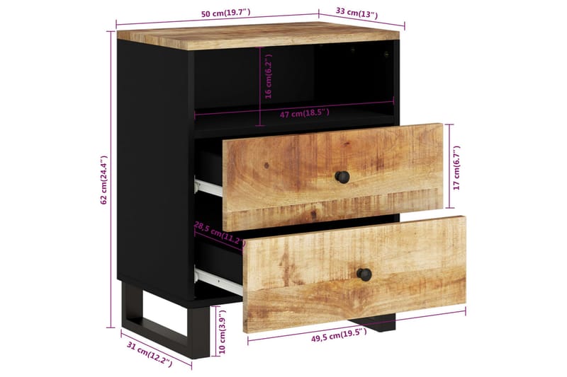 beBasic Sängbord 50x33x62 cm massivt mangoträ och konstruerat trä - Möbler - Sovrum - Sängbord