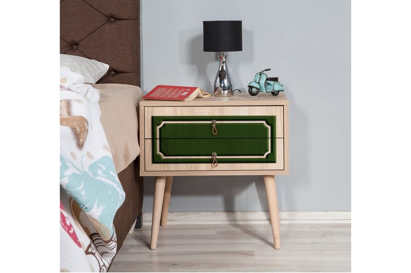Brokind Sängbord 60 cm med Förvaring 2 Lådor Dekor - Natur/Grön - Möbler - Sovrum - Sängbord