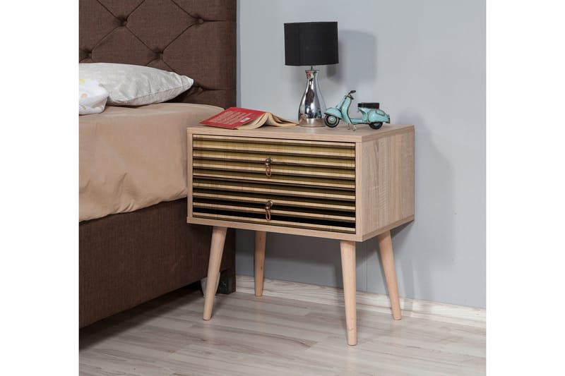 Brokind Sängbord 60 cm med Förvaring 2 Lådor Ränder - Natur - Möbler - Sovrum - Sängbord