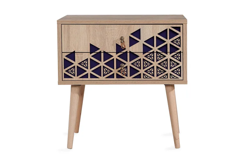 Brokind Sängbord 60 cm med Förvaring 2 Lådor Trianglar - Natur/Blå - Möbler - Sovrum - Sängbord