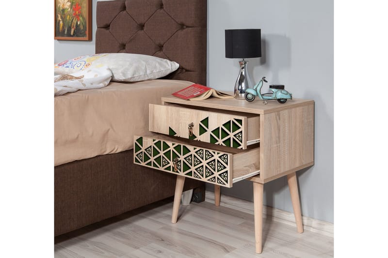 Brokind Sängbord 60 cm med Förvaring 2 Lådor Trianglar - Natur/Grön - Möbler - Sovrum - Sängbord