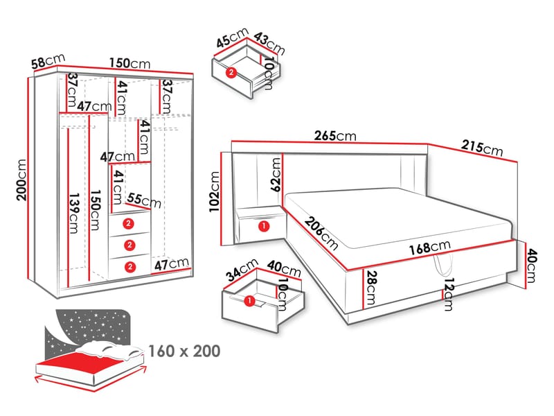 Chavez Möbelset Sovrum - Sängram 160x200 cm med sängbord + Garderob 150x200 cm - brun och svart - Möbler - Sovrum - Möbelset för sovrum