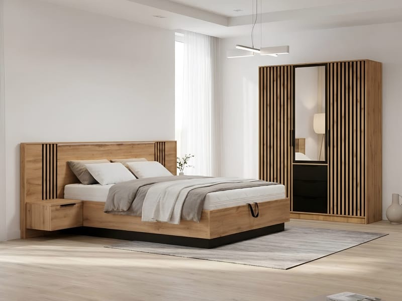 Chavez Möbelset Sovrum - Sängram 160x200 cm med sängbord + Garderob 150x200 cm - brun och svart - Möbler - Sovrum - Möbelset för sovrum