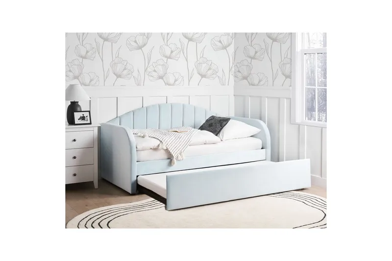 Dagbädd Eyburie med lamellram Blå, Sammet - Blå, Sammet - Möbler - Sovrum - Sängar - Gästsäng & extrasäng - Utdragssäng