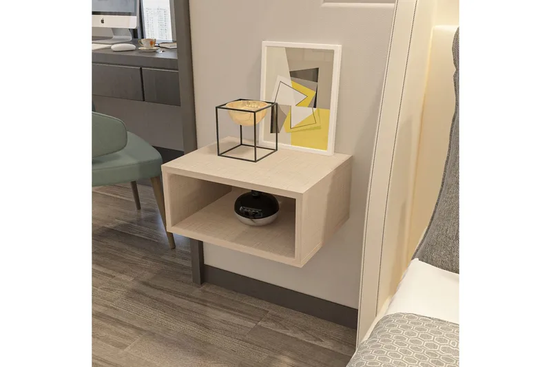 Dora Vägghängt Sängbord 45 cm med Trä- och Ekutseende, Förvaring med Hylla - Beige - Möbler - Sovrum - Sängbord