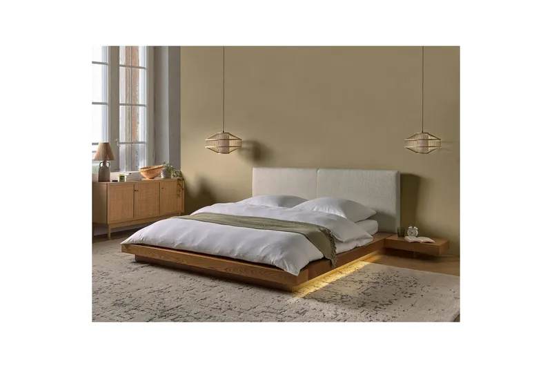 Dubbelsäng Zen med LED-belysning Ljus Trä-Vit, 160x200 cm, Bouclé - Ljus Trä-Vit, 160x200 cm, Bouclé - Möbler - Sovrum - Sängram & sängstomme