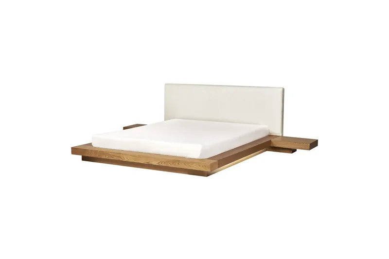 Dubbelsäng Zen med LED-belysning Ljus Trä-Vit, 160x200 cm, Bouclé - Ljus Trä-Vit, 160x200 cm, Bouclé - Möbler - Sovrum - Sängram & sängstomme