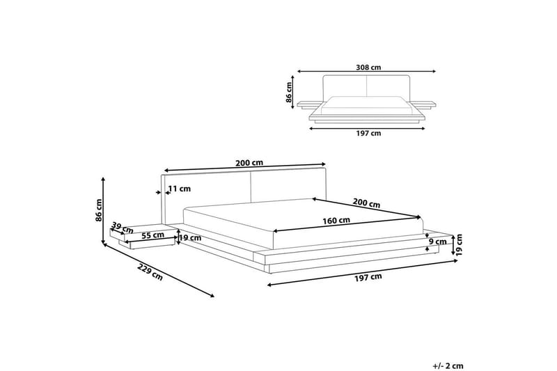Dubbelsäng Zen med LED-belysning Ljus Trä-Vit, 160x200 cm, Konstläder - Ljus Trä-Vit, 160x200 cm, Konstläder - Möbler - Sovrum - Sängram & sängstomme