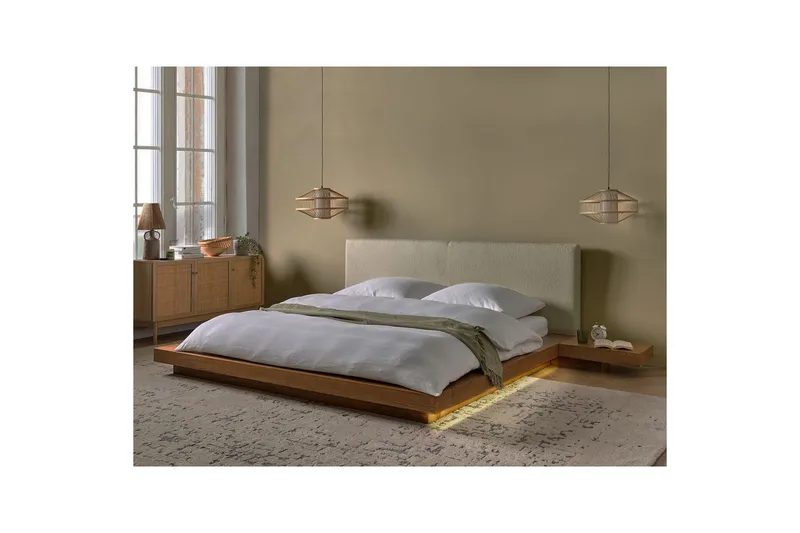 Dubbelsäng Zen med LED-belysning Ljus Trä-Vit, 180x200 cm, Bouclé - Ljus Trä-Vit, 180x200 cm, Bouclé - Möbler - Sovrum - Sängram & sängstomme