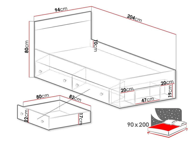Elvaren Sängram med Förvaring 90x200 cm i Målat Trä med Sänggavel - Svart|Vit - Möbler - Sovrum - Sängram & sängstomme