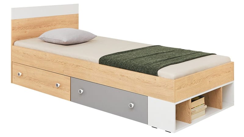Elvaren Sängram med Förvaring 90x200 cm i Målat Trä med Sänggavel, Svart|Vit